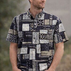Columbia Shirt Mens XXL Short Sleeve Button Up Camp Patchwork Print Blue Cotton